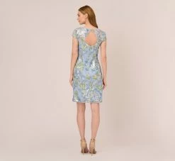 Adrianna Papell Sequin Floral Embroidered Sheath Dress With Cap Sleeves In Blue Green Multi 9 Adrianna Papell Sequin Floral Embroidered Sheath Dress With Cap Sleeves In Blue Green Multi -Adrianna Papell Shop AP1E210525 AB396 Regular Back