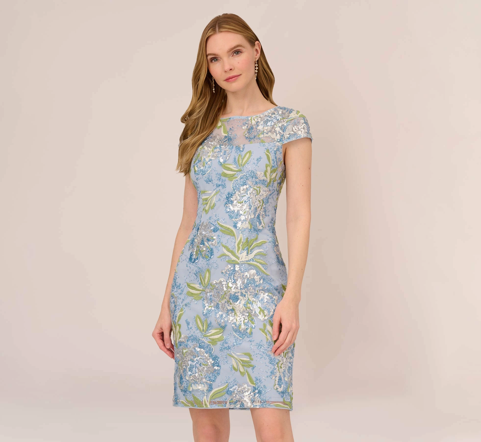 Adrianna Papell Sequin Floral Embroidered Sheath Dress With Cap Sleeves In Blue Green Multi 1 Adrianna Papell Sequin Floral Embroidered Sheath Dress With Cap Sleeves In Blue Green Multi