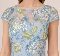 Adrianna Papell Sequin Floral Embroidered Sheath Dress With Cap Sleeves In Blue Green Multi 11 Adrianna Papell Sequin Floral Embroidered Sheath Dress With Cap Sleeves In Blue Green Multi -Adrianna Papell Shop AP1E210525 AB396 Regular Detail