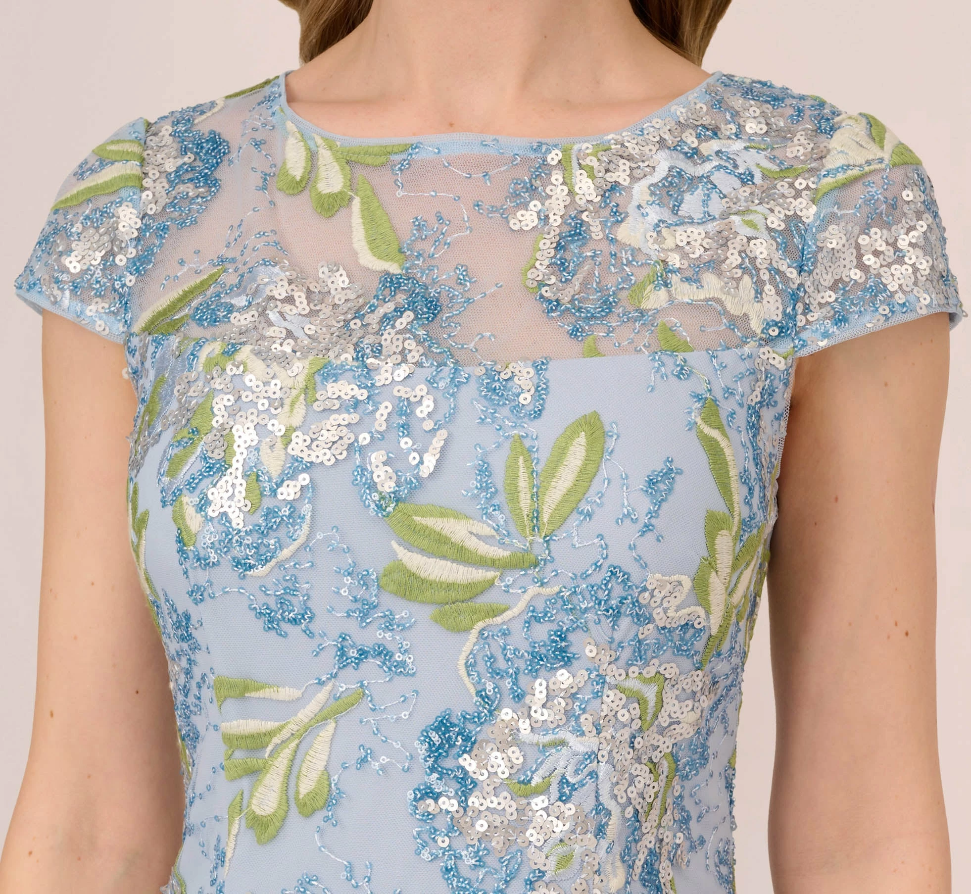 Adrianna Papell Sequin Floral Embroidered Sheath Dress With Cap Sleeves In Blue Green Multi 5 Adrianna Papell Sequin Floral Embroidered Sheath Dress With Cap Sleeves In Blue Green Multi - Image 5