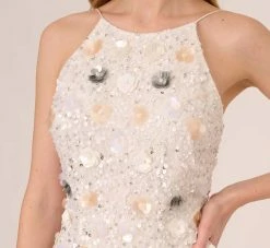 Adrianna Papell 3D Floral Beaded Halter Sheath Dress In Ivory Multi -Adrianna Papell Shop AP1E210533 AF170 Regular Detail