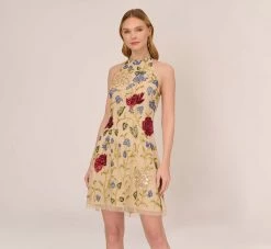Adrianna Papell Multicolor Floral Beaded Shift Dress In Light Champagne