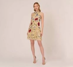 Adrianna Papell Multicolor Floral Beaded Shift Dress In Light Champagne -Adrianna Papell Shop AP1E210539 AE273 Regular Front