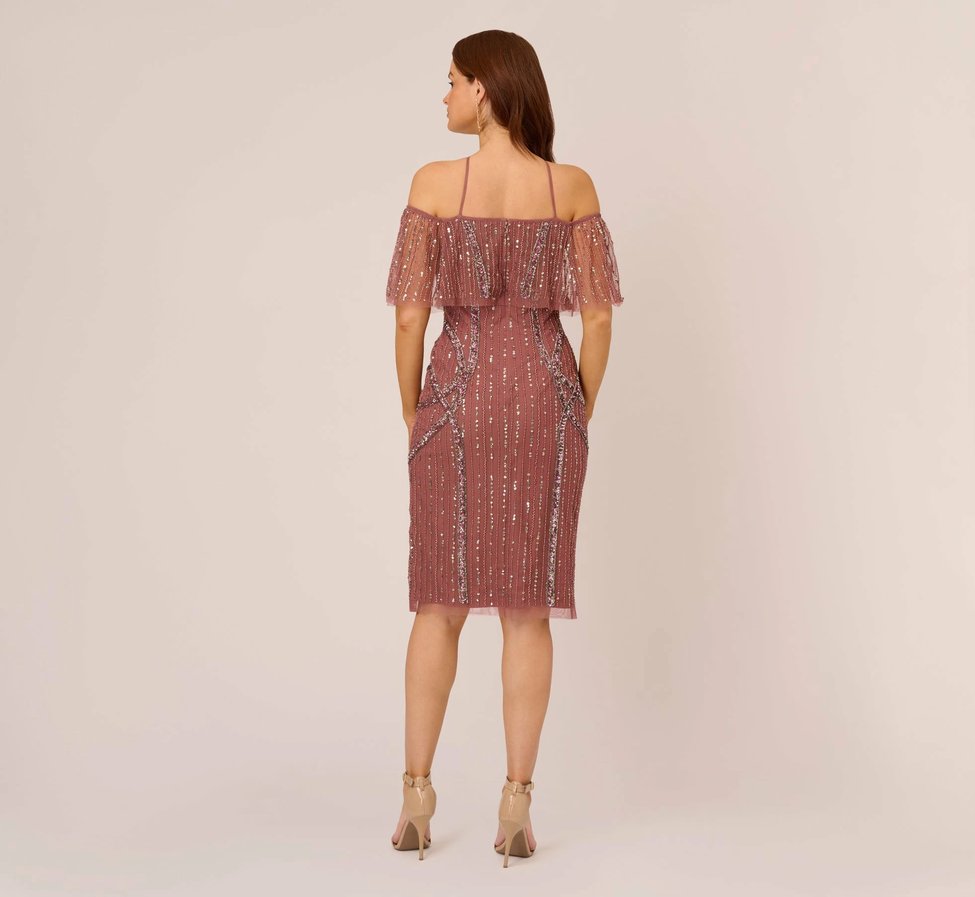 Adrianna Papell Beaded Off The Shoulder Sheath Dress With Halter Neck In Plum 4 Adrianna Papell Beaded Off The Shoulder Sheath Dress With Halter Neck In Plum - Image 4