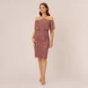 Adrianna Papell Beaded Off The Shoulder Sheath Dress With Halter Neck In Plum