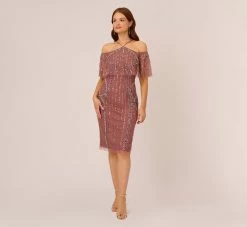 Adrianna Papell Beaded Off The Shoulder Sheath Dress With Halter Neck In Plum