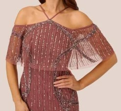Adrianna Papell Beaded Off The Shoulder Sheath Dress With Halter Neck In Plum 9 Adrianna Papell Beaded Off The Shoulder Sheath Dress With Halter Neck In Plum -Adrianna Papell Shop AP1E210543 AD541 Regular Detail