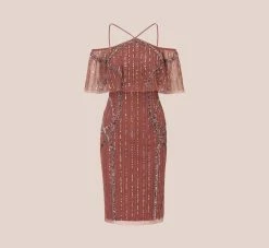 Adrianna Papell Beaded Off The Shoulder Sheath Dress With Halter Neck In Plum 13 Adrianna Papell Beaded Off The Shoulder Sheath Dress With Halter Neck In Plum -Adrianna Papell Shop AP1E210543 AD541 Regular Flat