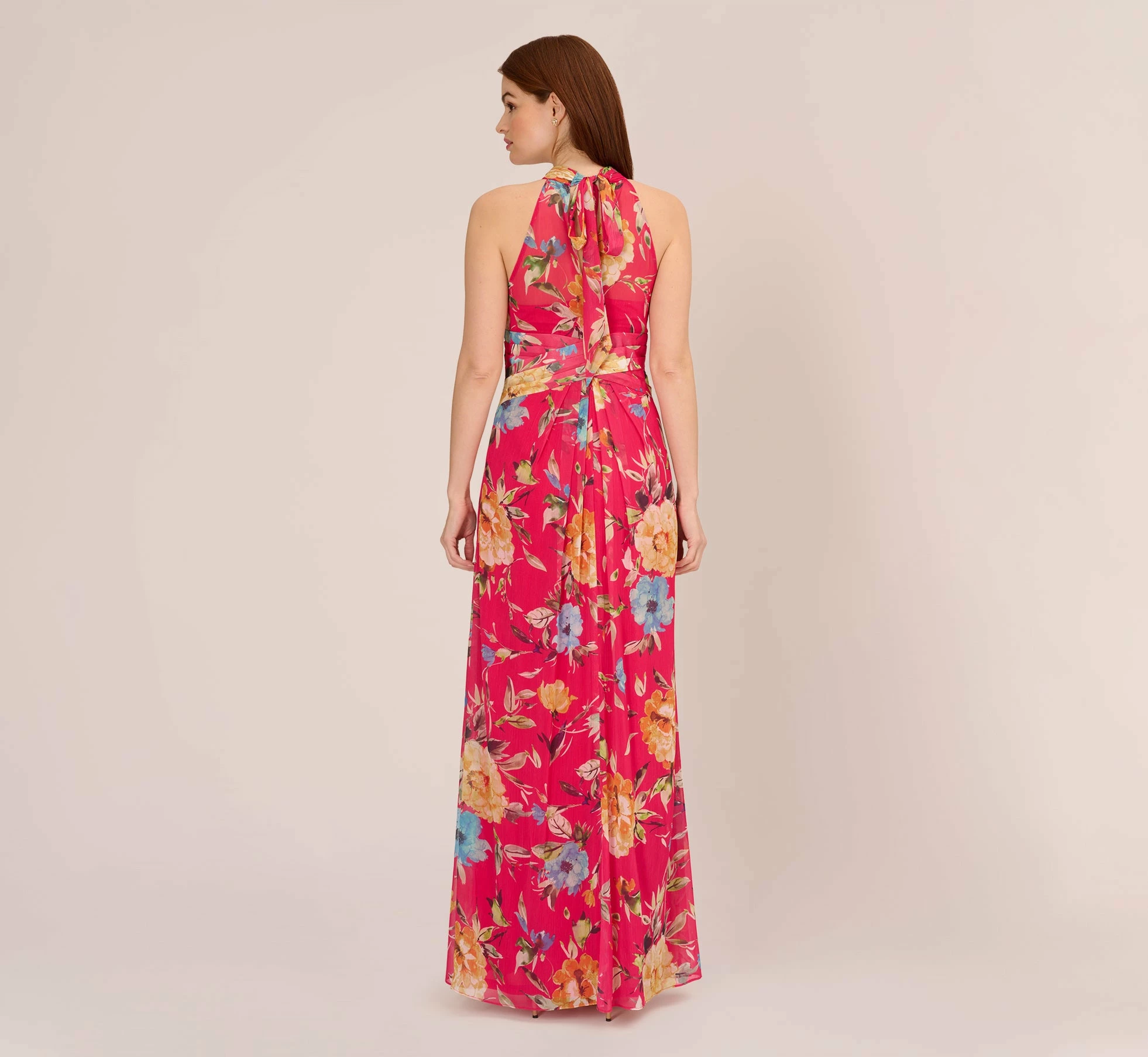 Adrianna Papell Floral Chiffon Halter Gown With Illusion Details In Pink Multi 4 Adrianna Papell Floral Chiffon Halter Gown With Illusion Details In Pink Multi - Image 4