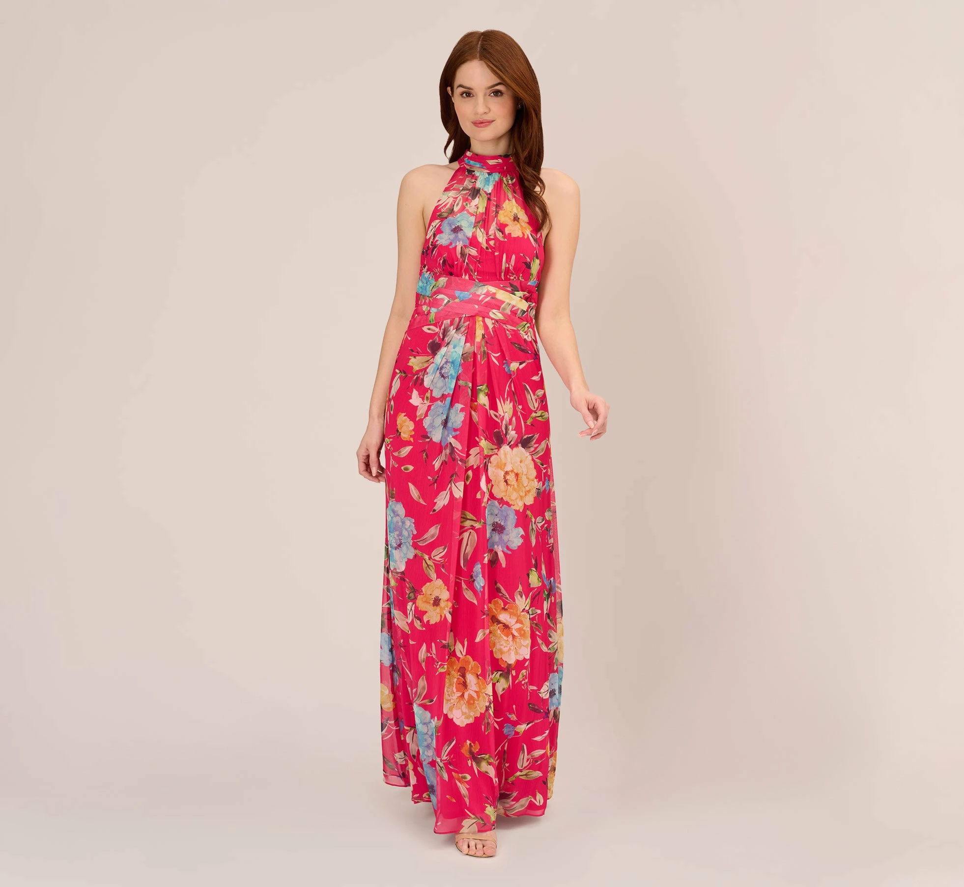 Adrianna Papell Floral Chiffon Halter Gown With Illusion Details In Pink Multi 2 Adrianna Papell Floral Chiffon Halter Gown With Illusion Details In Pink Multi - Image 2