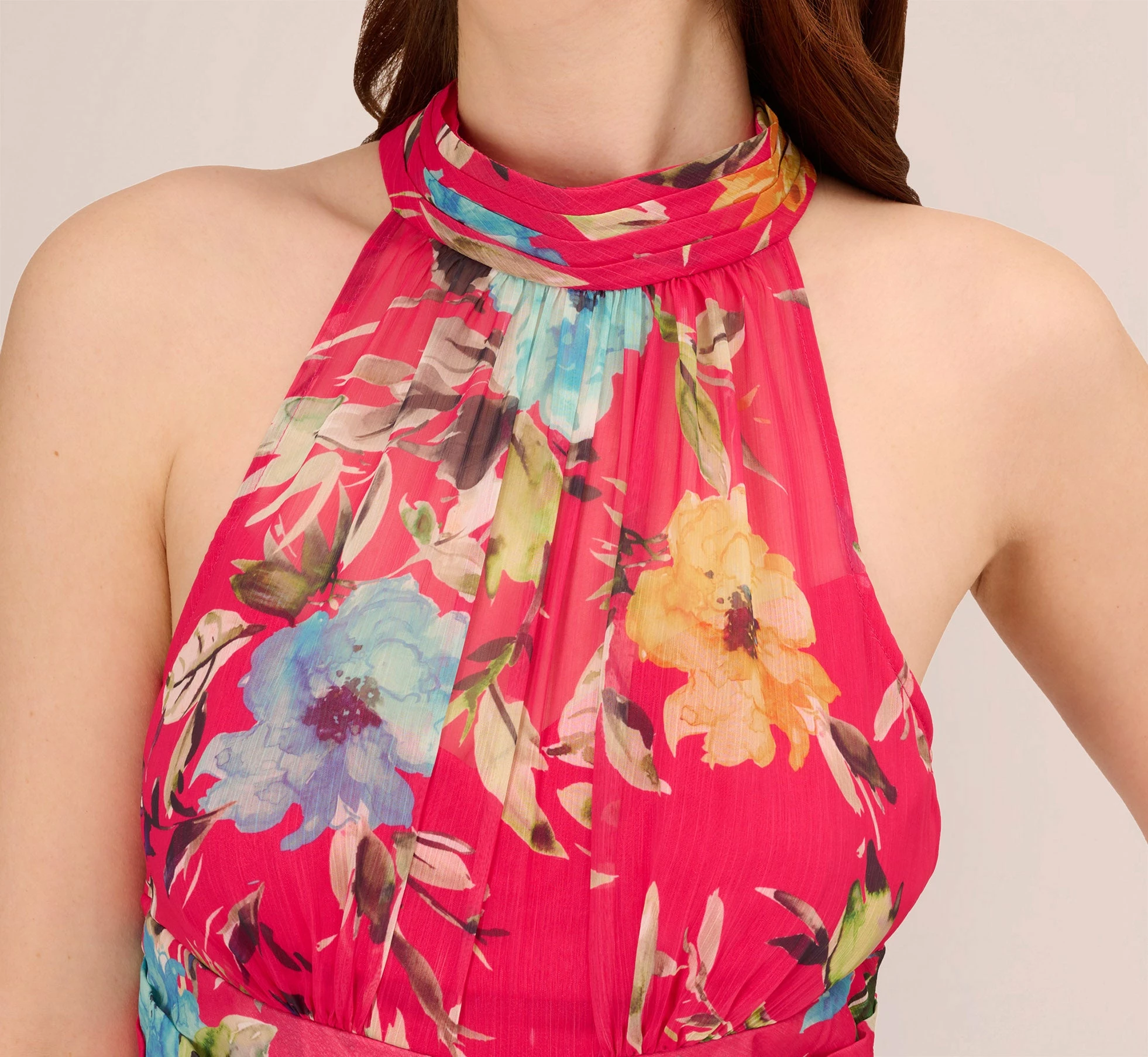 Adrianna Papell Floral Chiffon Halter Gown With Illusion Details In Pink Multi 3 Adrianna Papell Floral Chiffon Halter Gown With Illusion Details In Pink Multi - Image 3