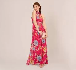 Adrianna Papell Floral Chiffon Halter Gown With Illusion Details In Pink Multi