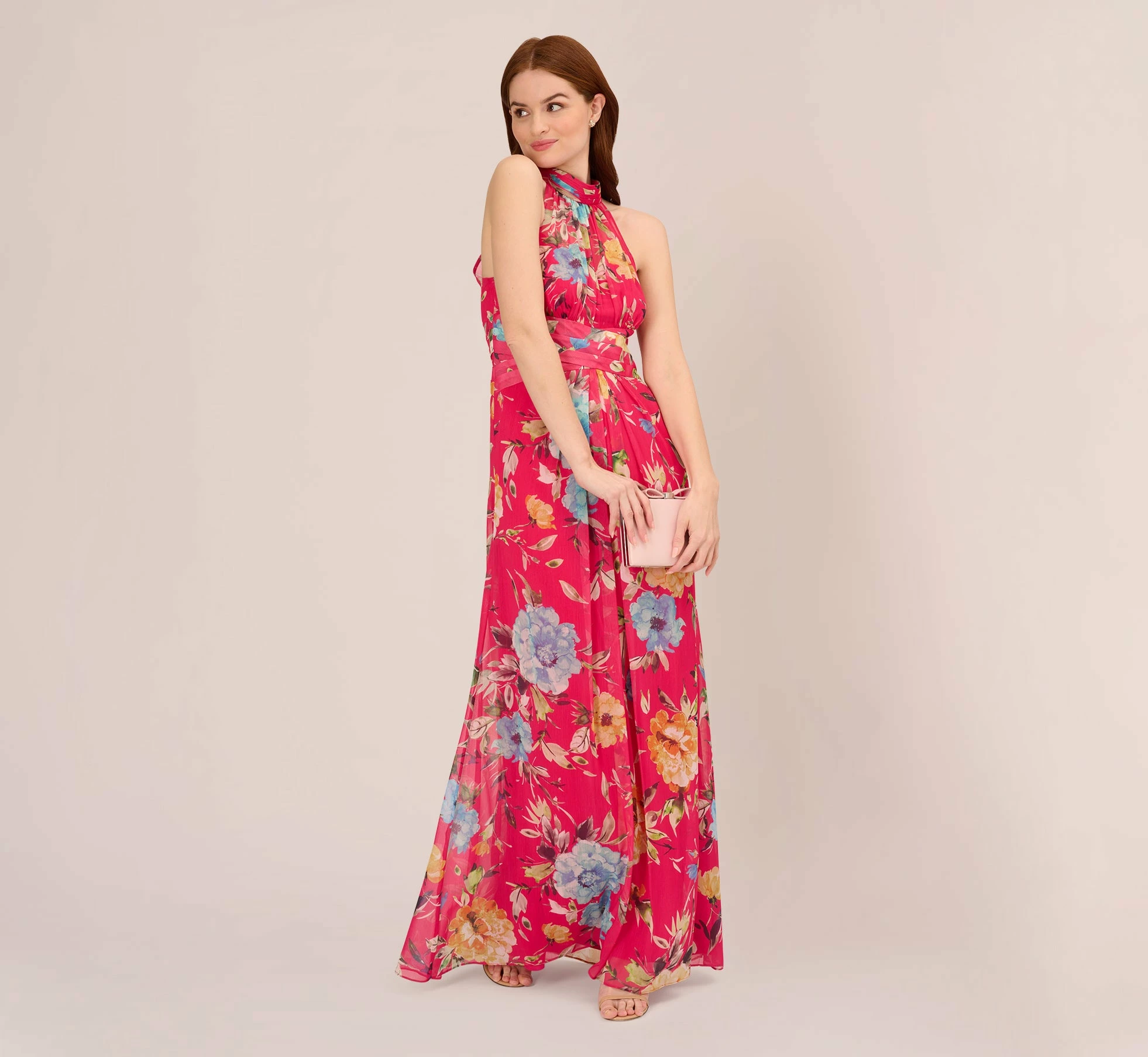 Adrianna Papell Floral Chiffon Halter Gown With Illusion Details In Pink Multi 1 Adrianna Papell Floral Chiffon Halter Gown With Illusion Details In Pink Multi