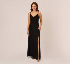 Adrianna Papell Art Deco Beaded Mermaid Gown With Cowl Neckline In Black