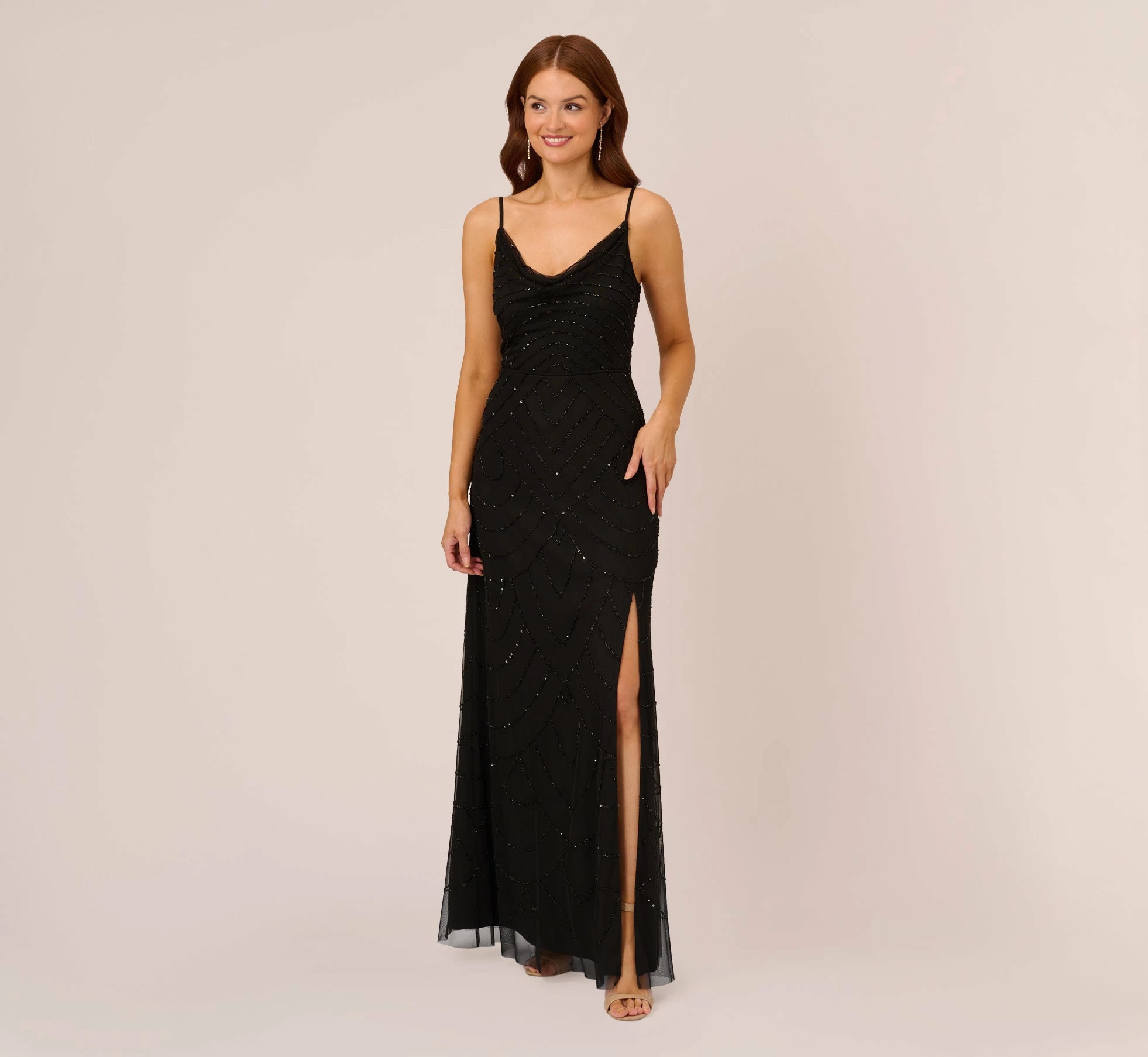 Adrianna Papell Art Deco Beaded Mermaid Gown With Cowl Neckline In Black 1 Adrianna Papell Art Deco Beaded Mermaid Gown With Cowl Neckline In Black