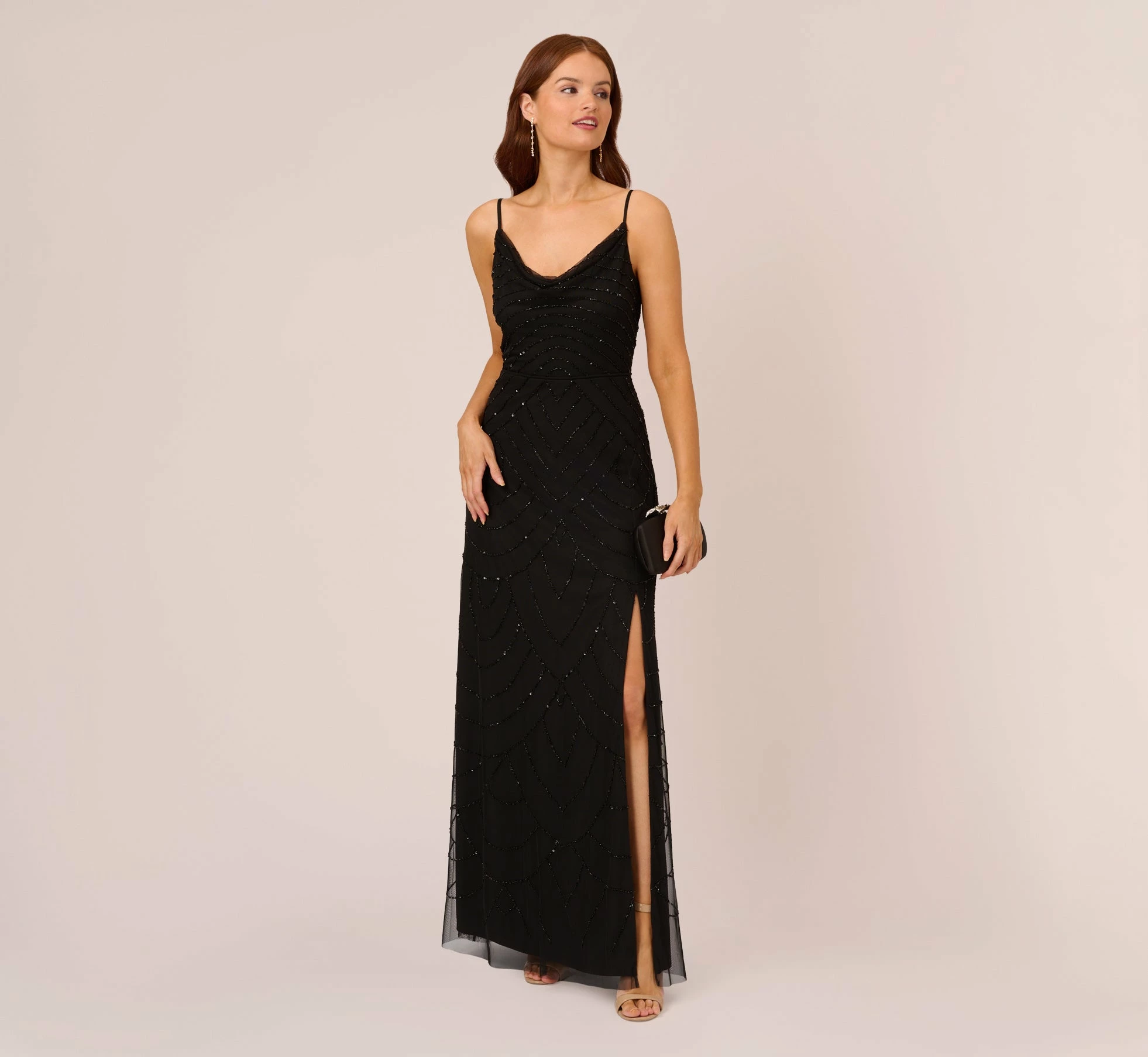 Adrianna Papell Art Deco Beaded Mermaid Gown With Cowl Neckline In Black 2 Adrianna Papell Art Deco Beaded Mermaid Gown With Cowl Neckline In Black - Image 2