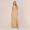 Adrianna Papell Art Deco Beaded Mermaid Gown With Cowl Neckline In Champagne Gold