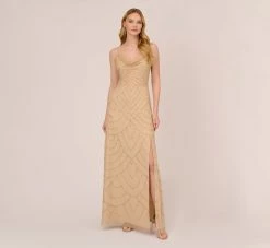 Adrianna Papell Art Deco Beaded Mermaid Gown With Cowl Neckline In Champagne Gold