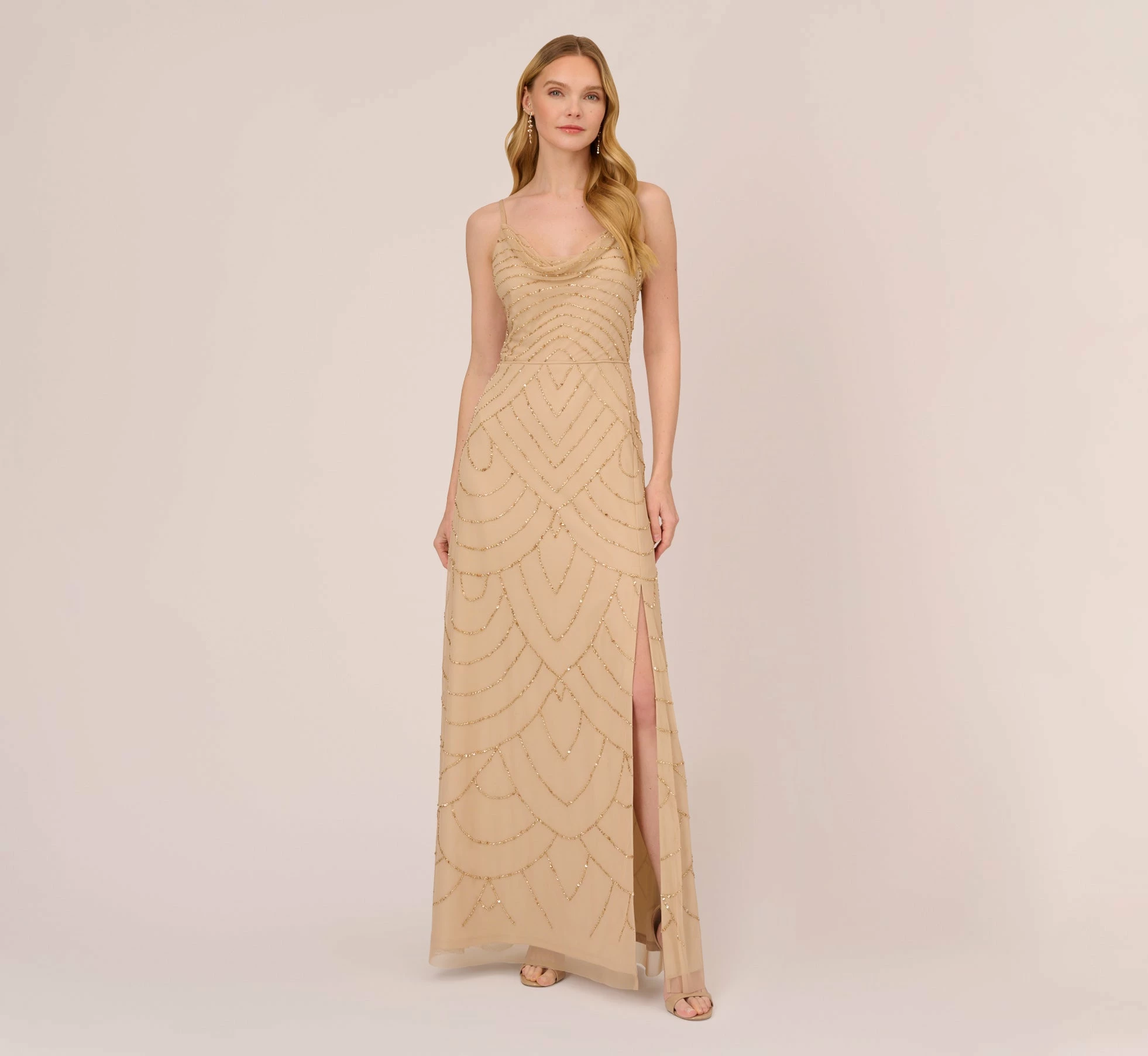 Adrianna Papell Art Deco Beaded Mermaid Gown With Cowl Neckline In Champagne Gold 1 Adrianna Papell Art Deco Beaded Mermaid Gown With Cowl Neckline In Champagne Gold