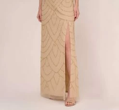 Adrianna Papell Art Deco Beaded Mermaid Gown With Cowl Neckline In Champagne Gold 8 Adrianna Papell Art Deco Beaded Mermaid Gown With Cowl Neckline In Champagne Gold -Adrianna Papell Shop AP1E210577 AD298 Regular Lifestyle