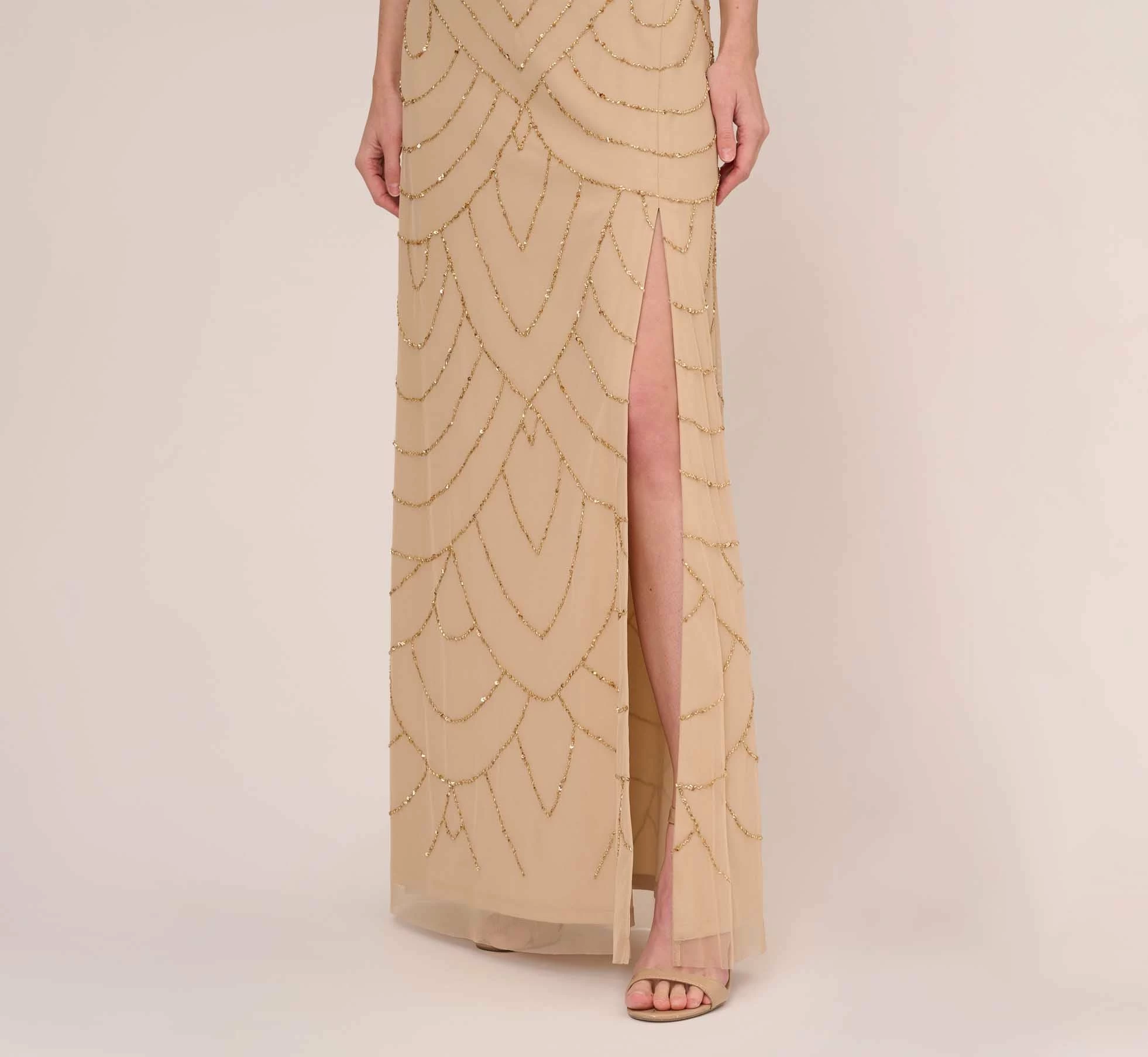 Adrianna Papell Art Deco Beaded Mermaid Gown With Cowl Neckline In Champagne Gold 3 Adrianna Papell Art Deco Beaded Mermaid Gown With Cowl Neckline In Champagne Gold - Image 3