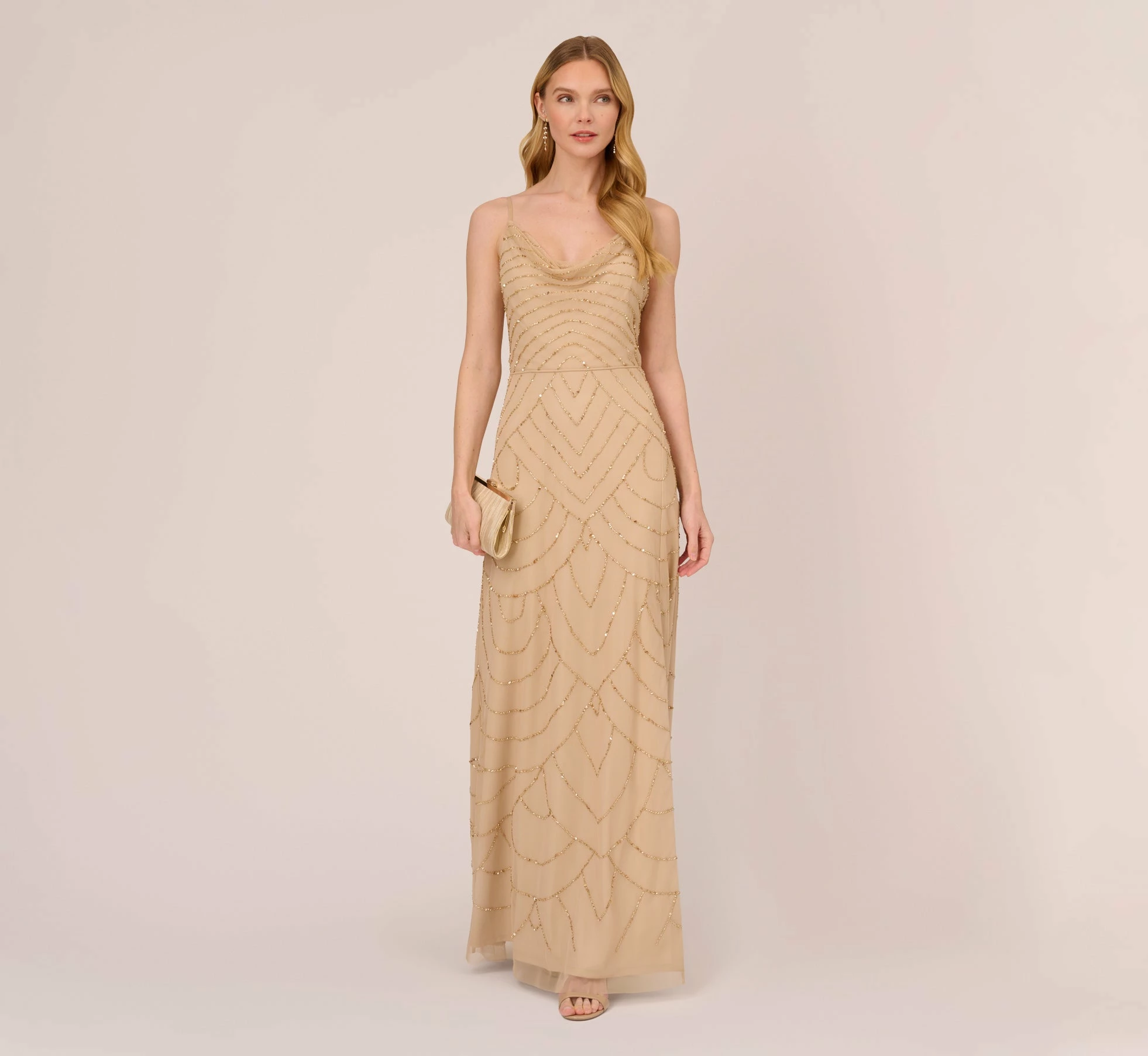 Adrianna Papell Art Deco Beaded Mermaid Gown With Cowl Neckline In Champagne Gold 2 Adrianna Papell Art Deco Beaded Mermaid Gown With Cowl Neckline In Champagne Gold - Image 2