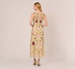 Adrianna Papell Multicolor Floral Beaded Ankle-Length Dress With Sheer Details In Light Champagne -Adrianna Papell Shop AP1E210579 AE273 Regular Back
