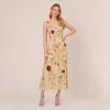 Adrianna Papell Multicolor Floral Beaded Ankle-Length Dress With Sheer Details In Light Champagne