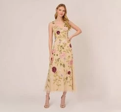Adrianna Papell Multicolor Floral Beaded Ankle-Length Dress With Sheer Details In Light Champagne