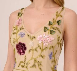 Adrianna Papell Multicolor Floral Beaded Ankle-Length Dress With Sheer Details In Light Champagne -Adrianna Papell Shop AP1E210579 AE273 Regular Detail