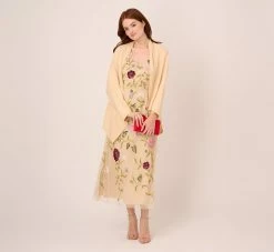 Adrianna Papell Multicolor Floral Beaded Ankle-Length Dress With Sheer Details In Light Champagne -Adrianna Papell Shop AP1E210579 AE273 Regular Lifestyle2