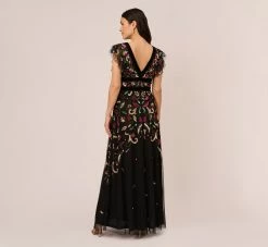 Adrianna Papell Multicolor Floral Beaded Gown With Velvet Trim In Black Multi 9 Adrianna Papell Multicolor Floral Beaded Gown With Velvet Trim In Black Multi -Adrianna Papell Shop AP1E210607 AB960 Regular Back
