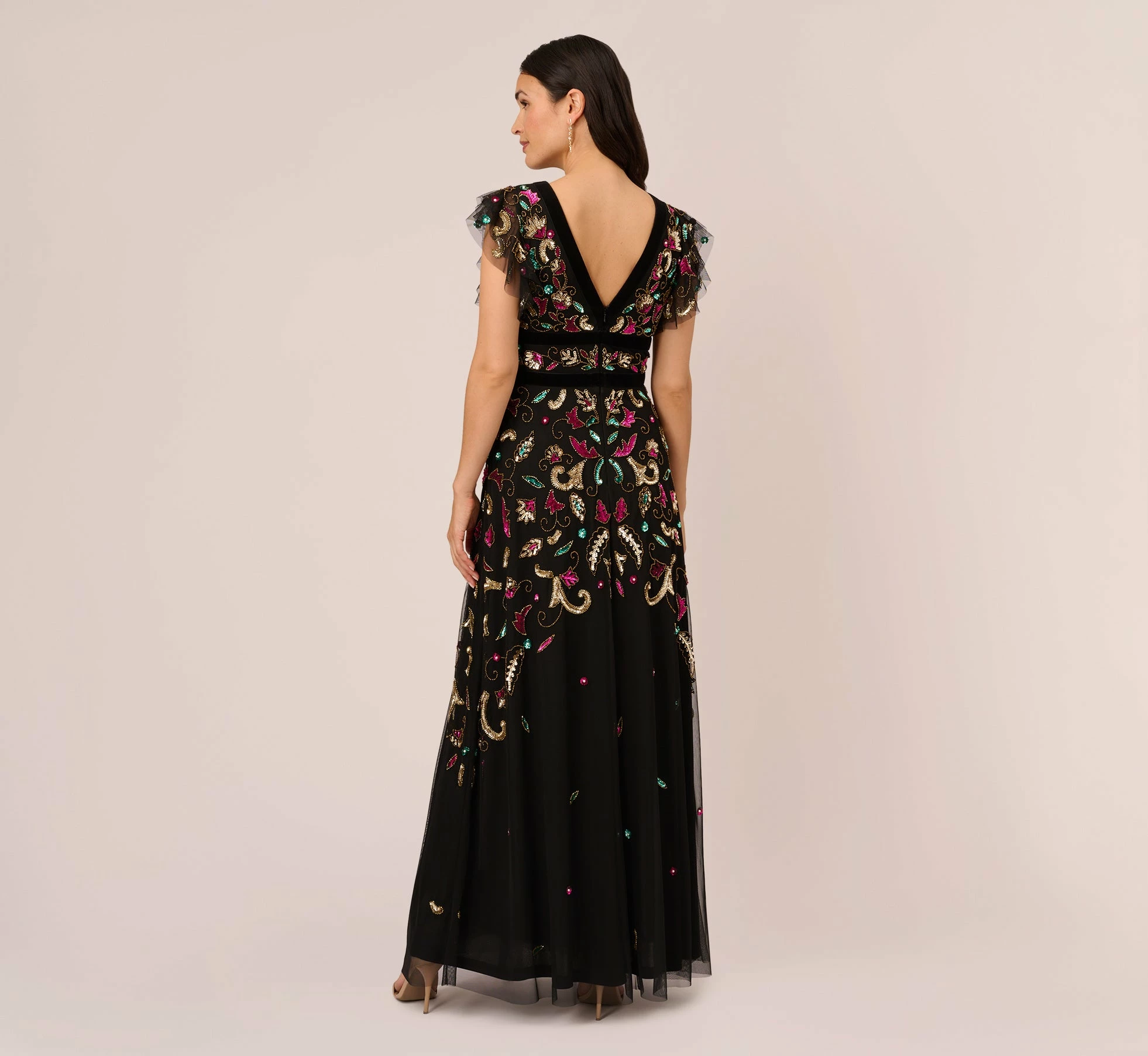 Adrianna Papell Multicolor Floral Beaded Gown With Velvet Trim In Black Multi 4 Adrianna Papell Multicolor Floral Beaded Gown With Velvet Trim In Black Multi - Image 4