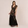 Adrianna Papell Multicolor Floral Beaded Gown With Velvet Trim In Black Multi