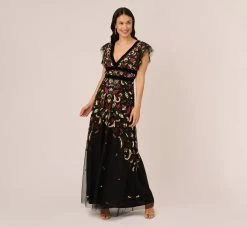 Adrianna Papell Multicolor Floral Beaded Gown With Velvet Trim In Black Multi