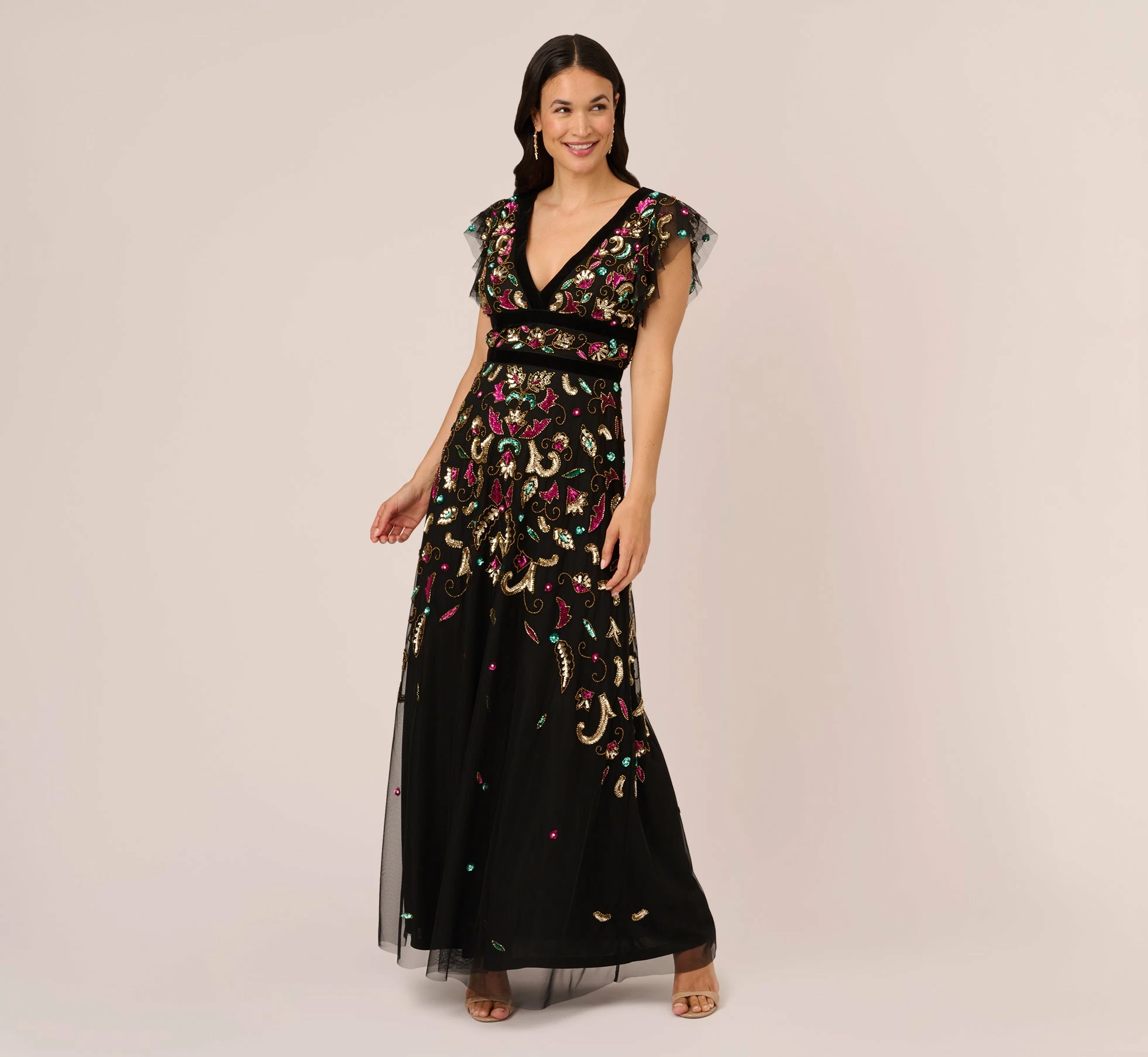 Adrianna Papell Multicolor Floral Beaded Gown With Velvet Trim In Black Multi 1 Adrianna Papell Multicolor Floral Beaded Gown With Velvet Trim In Black Multi