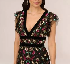 Adrianna Papell Multicolor Floral Beaded Gown With Velvet Trim In Black Multi 8 Adrianna Papell Multicolor Floral Beaded Gown With Velvet Trim In Black Multi -Adrianna Papell Shop AP1E210607 AB960 Regular Detail