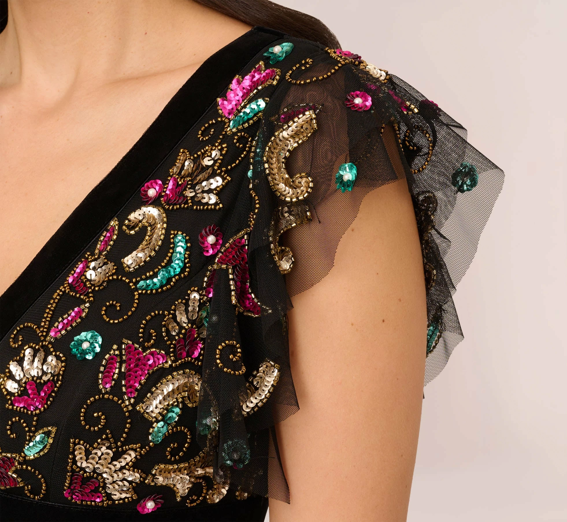 Adrianna Papell Multicolor Floral Beaded Gown With Velvet Trim In Black Multi 5 Adrianna Papell Multicolor Floral Beaded Gown With Velvet Trim In Black Multi - Image 5