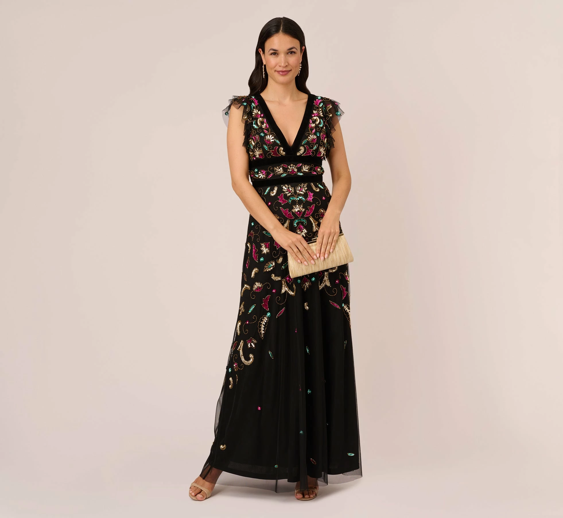 Adrianna Papell Multicolor Floral Beaded Gown With Velvet Trim In Black Multi 2 Adrianna Papell Multicolor Floral Beaded Gown With Velvet Trim In Black Multi - Image 2