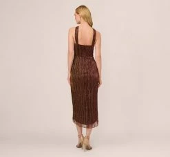 Adrianna Papell Metallic Knit Halter Midi Dress With Wrap Skirt In Copper 9 Adrianna Papell Metallic Knit Halter Midi Dress With Wrap Skirt In Copper -Adrianna Papell Shop AP1E210615 AA908 Regular Back