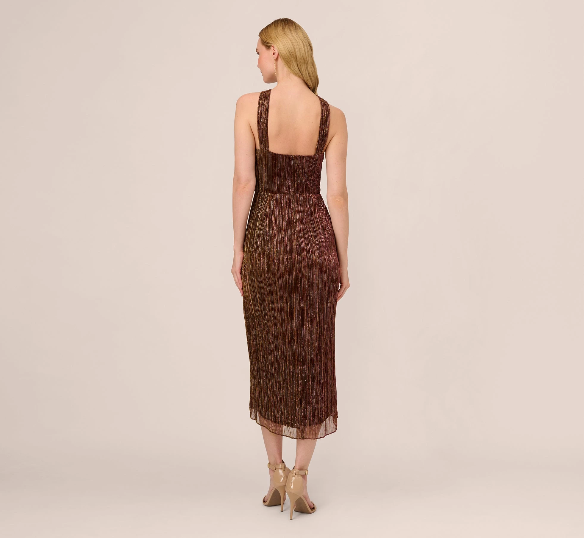 Adrianna Papell Metallic Knit Halter Midi Dress With Wrap Skirt In Copper 4 Adrianna Papell Metallic Knit Halter Midi Dress With Wrap Skirt In Copper - Image 4