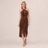 Adrianna Papell Metallic Knit Halter Midi Dress With Wrap Skirt In Copper