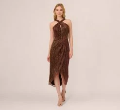 Adrianna Papell Metallic Knit Halter Midi Dress With Wrap Skirt In Copper