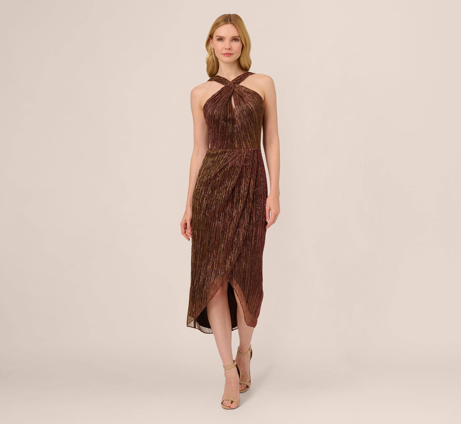 Adrianna Papell Metallic Knit Halter Midi Dress With Wrap Skirt In Copper 1 Adrianna Papell Metallic Knit Halter Midi Dress With Wrap Skirt In Copper