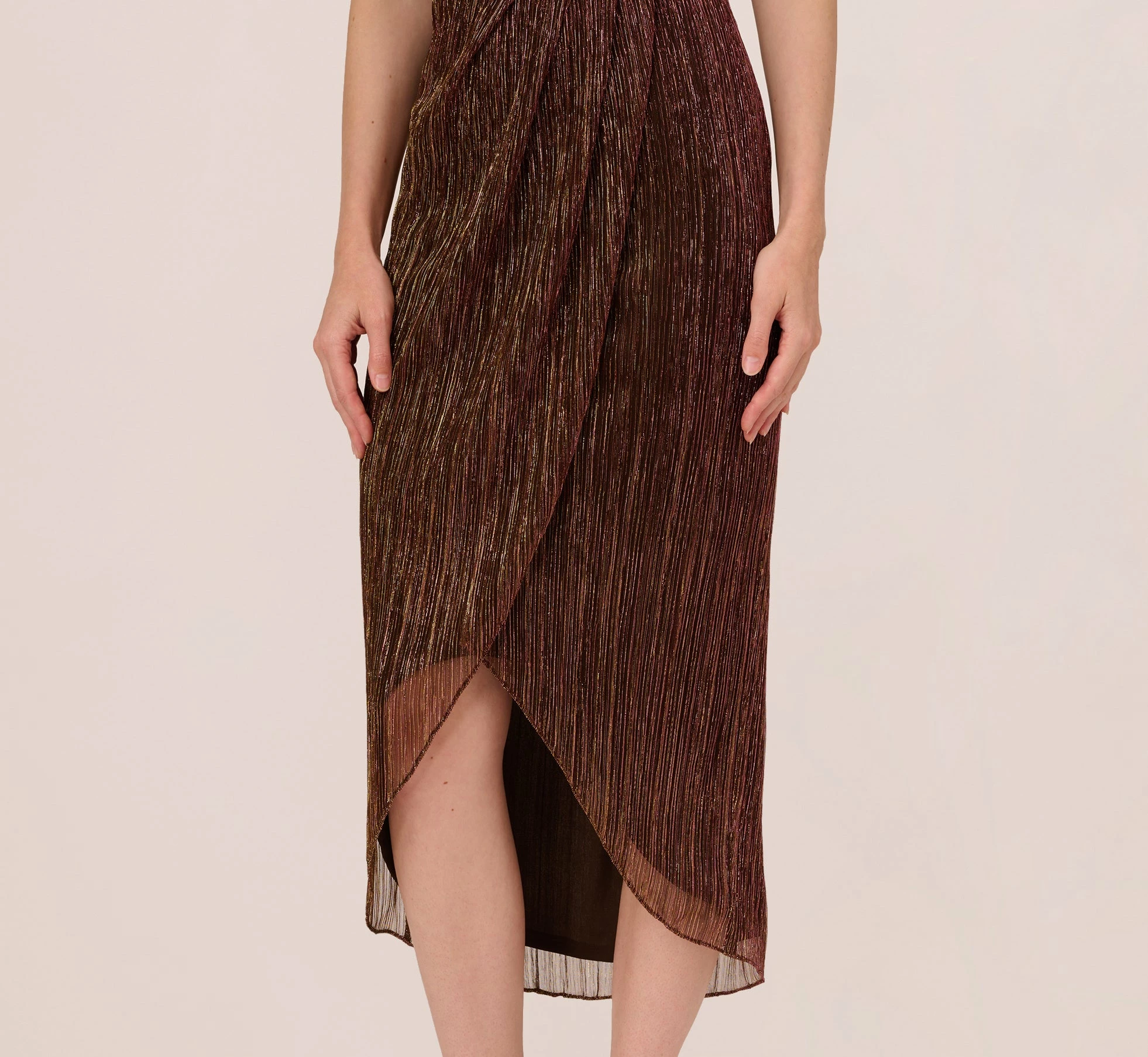 Adrianna Papell Metallic Knit Halter Midi Dress With Wrap Skirt In Copper 5 Adrianna Papell Metallic Knit Halter Midi Dress With Wrap Skirt In Copper - Image 5
