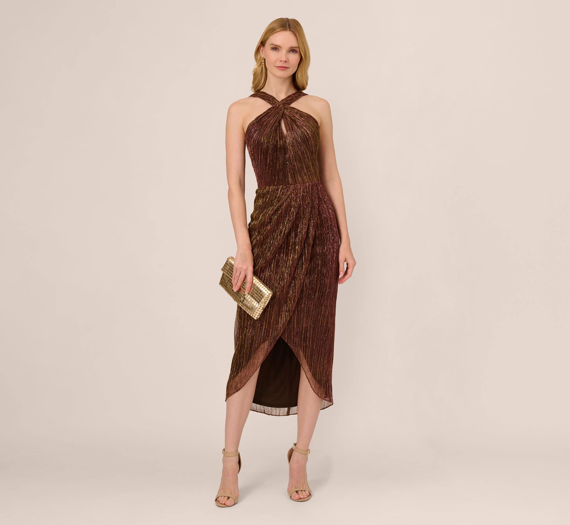 Adrianna Papell Metallic Knit Halter Midi Dress With Wrap Skirt In Copper 2 Adrianna Papell Metallic Knit Halter Midi Dress With Wrap Skirt In Copper - Image 2