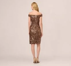 Adrianna Papell Off The Shoulder Sequin Lace Dress In Copper -Adrianna Papell Shop AP1E210619 AA908 Regular Back