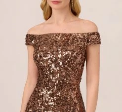 Adrianna Papell Off The Shoulder Sequin Lace Dress In Copper -Adrianna Papell Shop AP1E210619 AA908 Regular Detail