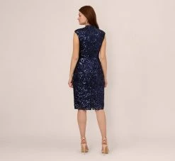 Adrianna Papell Sequin Lace Sleeveless Midi Dress With Mock Neck In Navy -Adrianna Papell Shop AP1E210621 AA412 Regular Back
