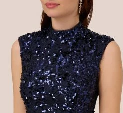 Adrianna Papell Sequin Lace Sleeveless Midi Dress With Mock Neck In Navy -Adrianna Papell Shop AP1E210621 AA412 Regular Detail